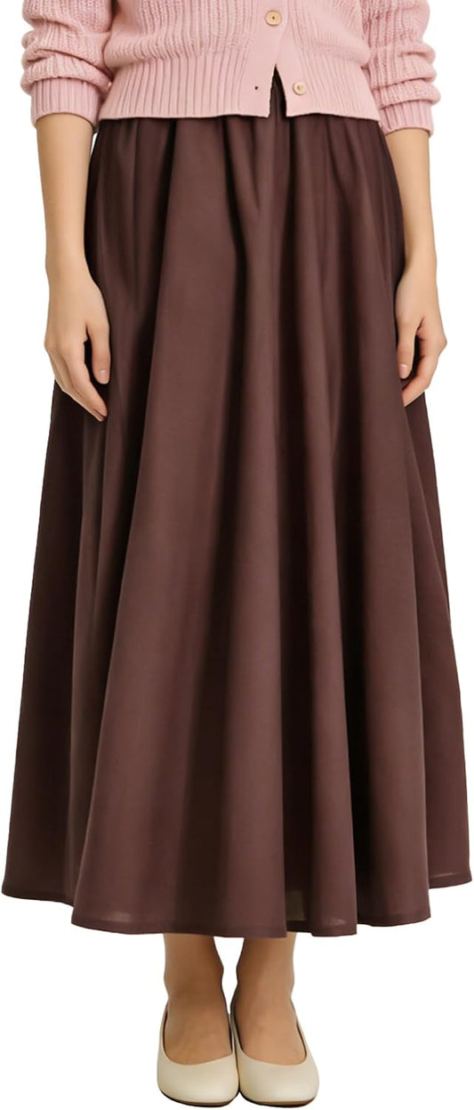Soojun Women's Solid Cotton Linen Retro Vintage A-line Long Flowy Skirts