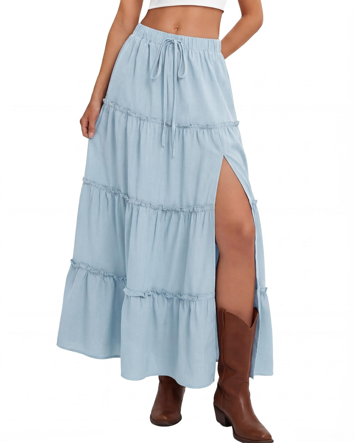 Cutecrop Womens Tiered Maxi Skirt Elastic Waist Flowy Casual Boho Western Skirts Ruffle High Slit Country Cowgirl Long Skirts