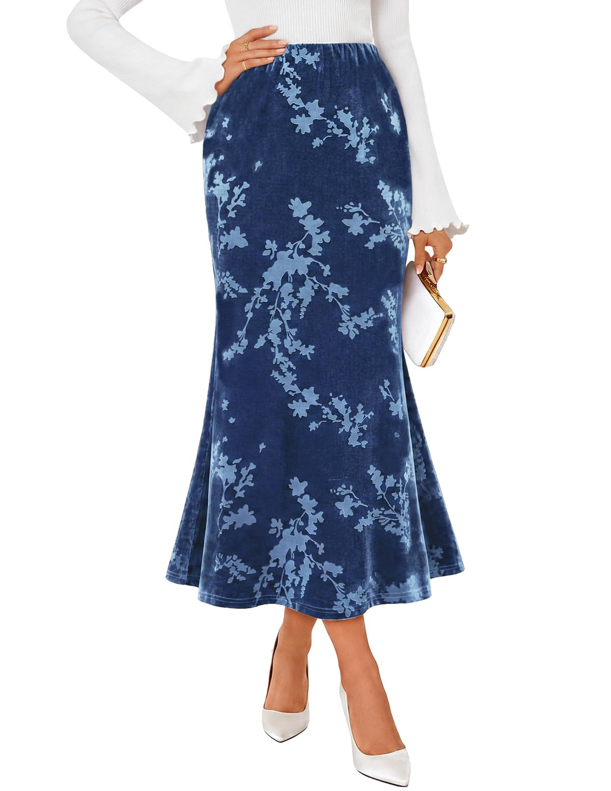 MEROKEETY Women's Fall Floral Velvet Maxi Skirt