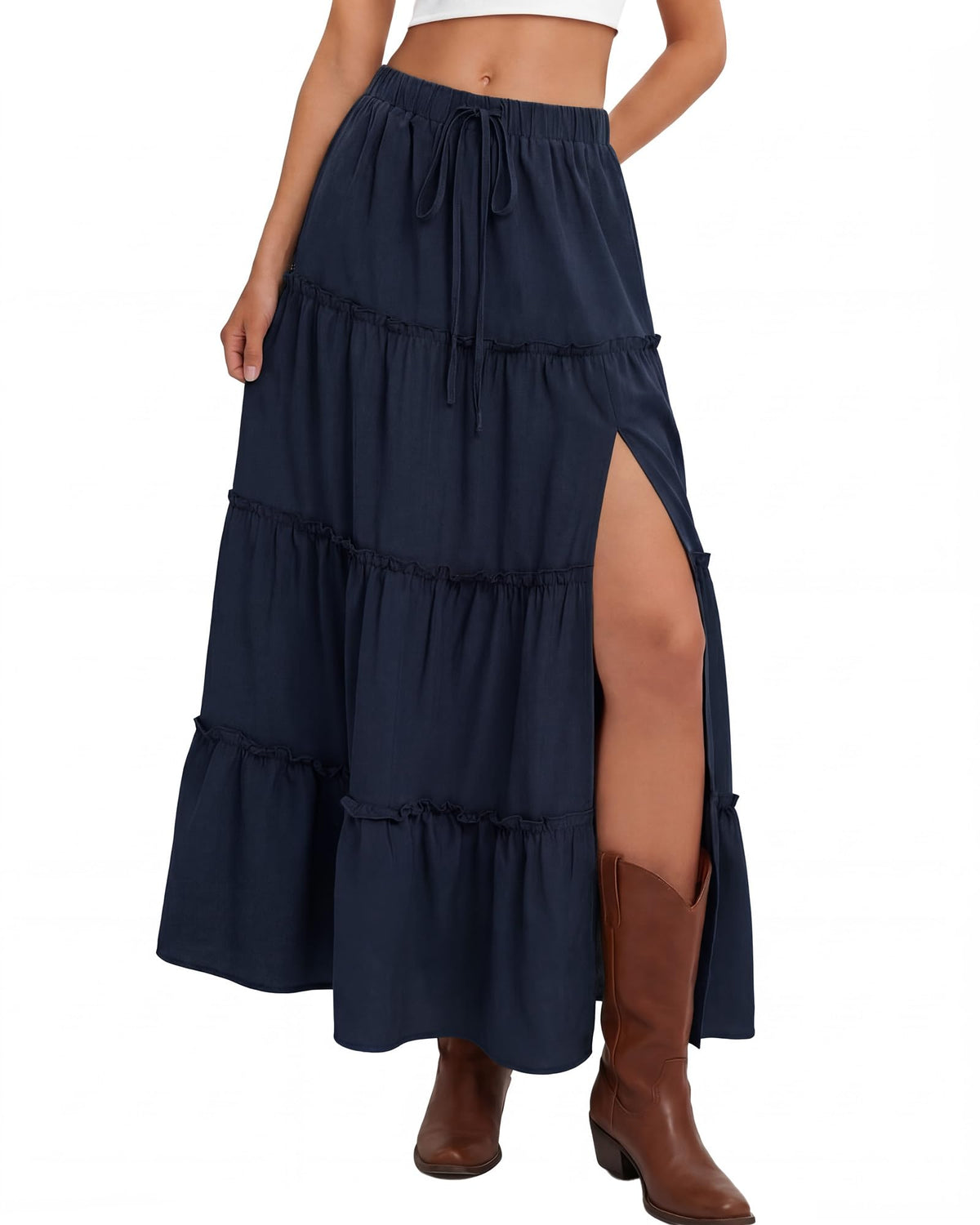Cutecrop Womens Tiered Maxi Skirt Elastic Waist Flowy Casual Boho Western Skirts Ruffle High Slit Country Cowgirl Long Skirts