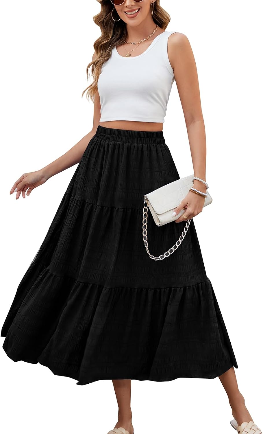 HUSKARY Women's Summer Casual Elegant Smock Layered Tiered Maxi Skirt High Waisted A Line Flowy Long Skirts with Pockets