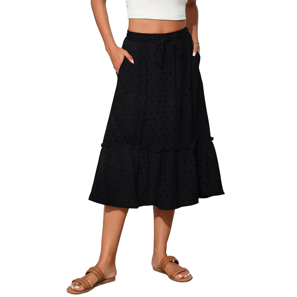 Witsmile Womens High Waist Tiered Midi Skirt Flowy Long Length with Pockets