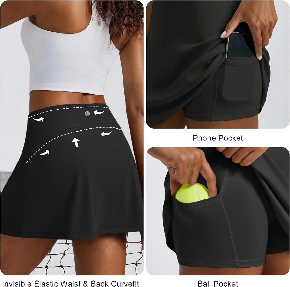PINSPARK 14.5" Women Tennis Skirts Invisible Elastic Waist Skort 2 Pockets