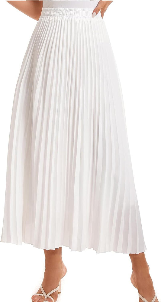 Womens Elastic High Waist Long Pleated Skirt Tiered Boho Swing A line Beach Maxi Skirt