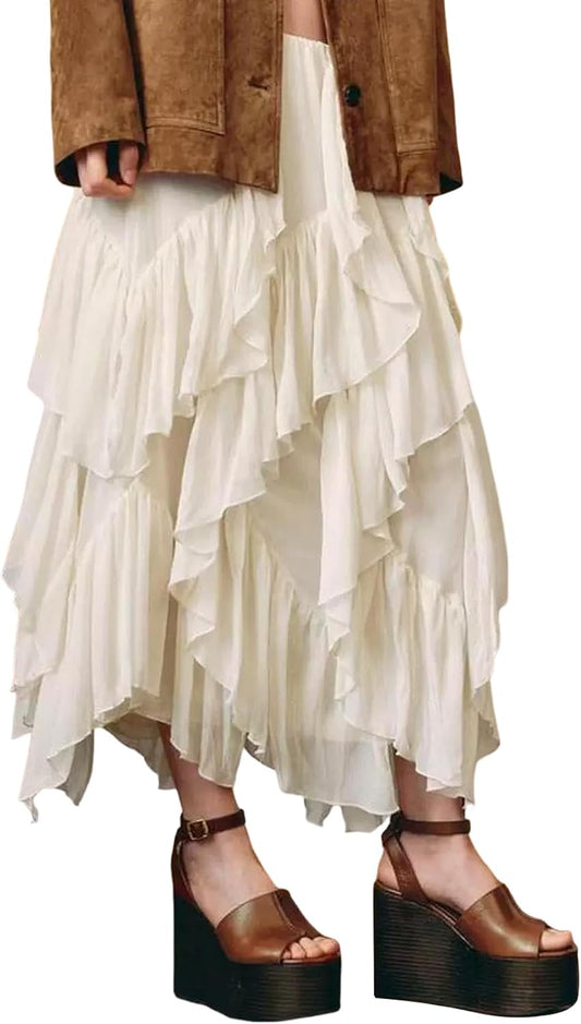 Women's Ruffle Maxi Skirt Long Flowy Layered Skirts Tiered Trendy Skirt