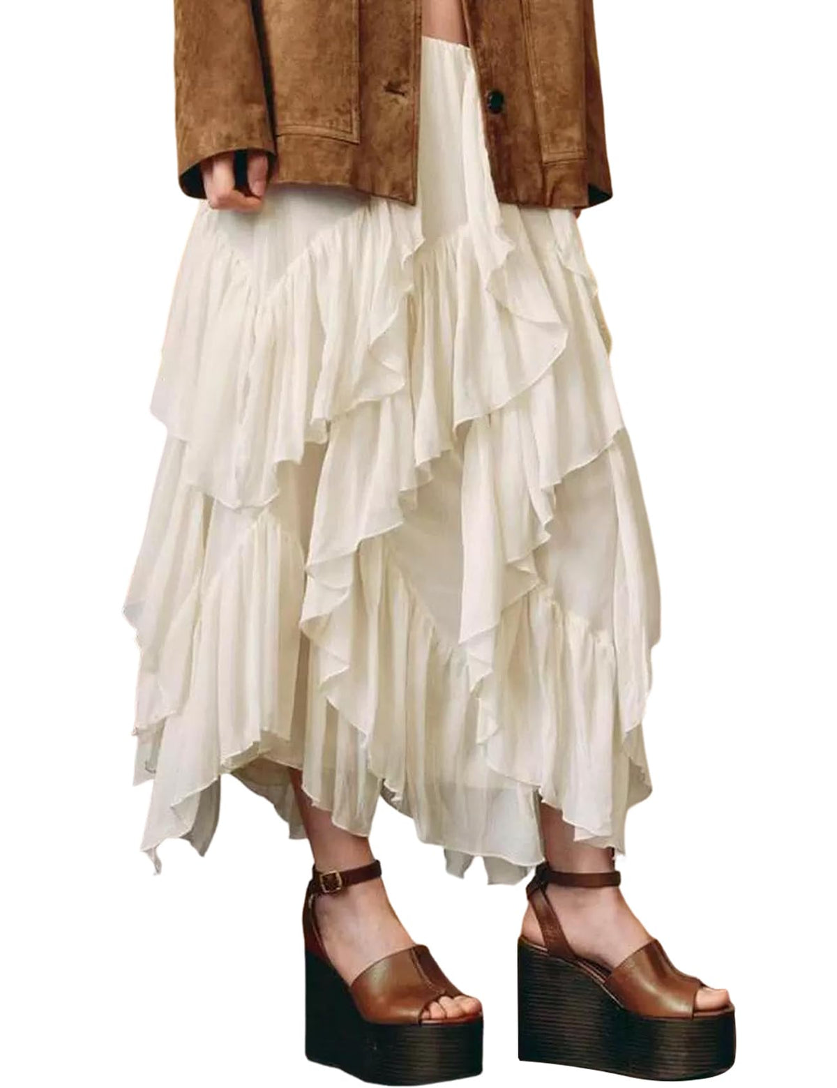 Women's Ruffle Maxi Skirt Long Flowy Layered Skirts Tiered Trendy Skirt