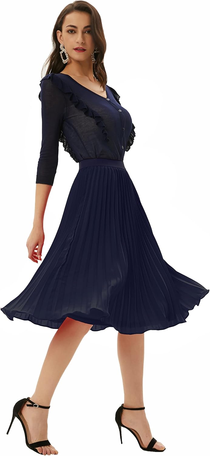 GRACE KARIN Pleated Midi Skirt for Women Chiffon A-Line Outfits
