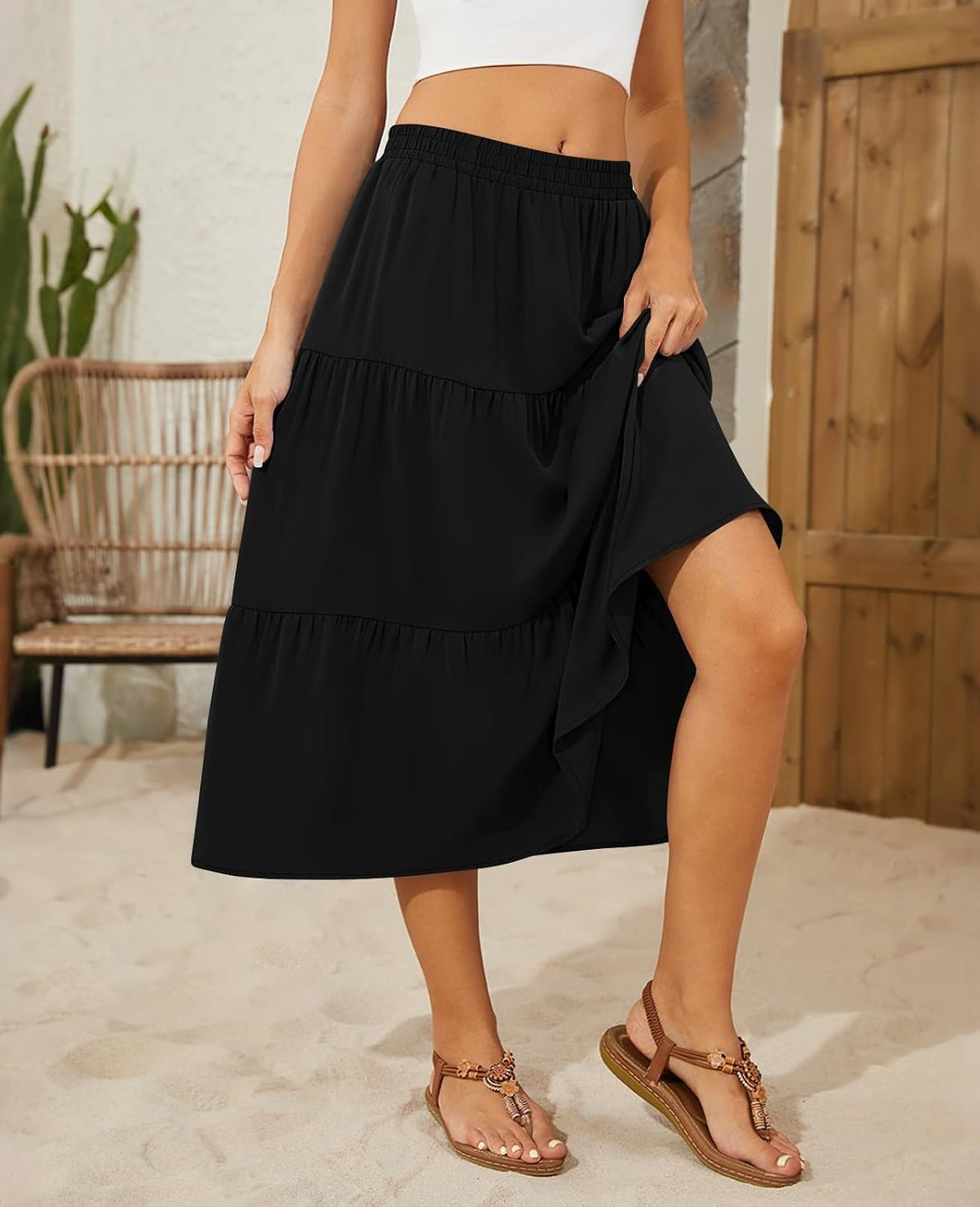 DouBCQ Women's Midi Skirt Flowy Tiered Ruffle High Waist Skirts