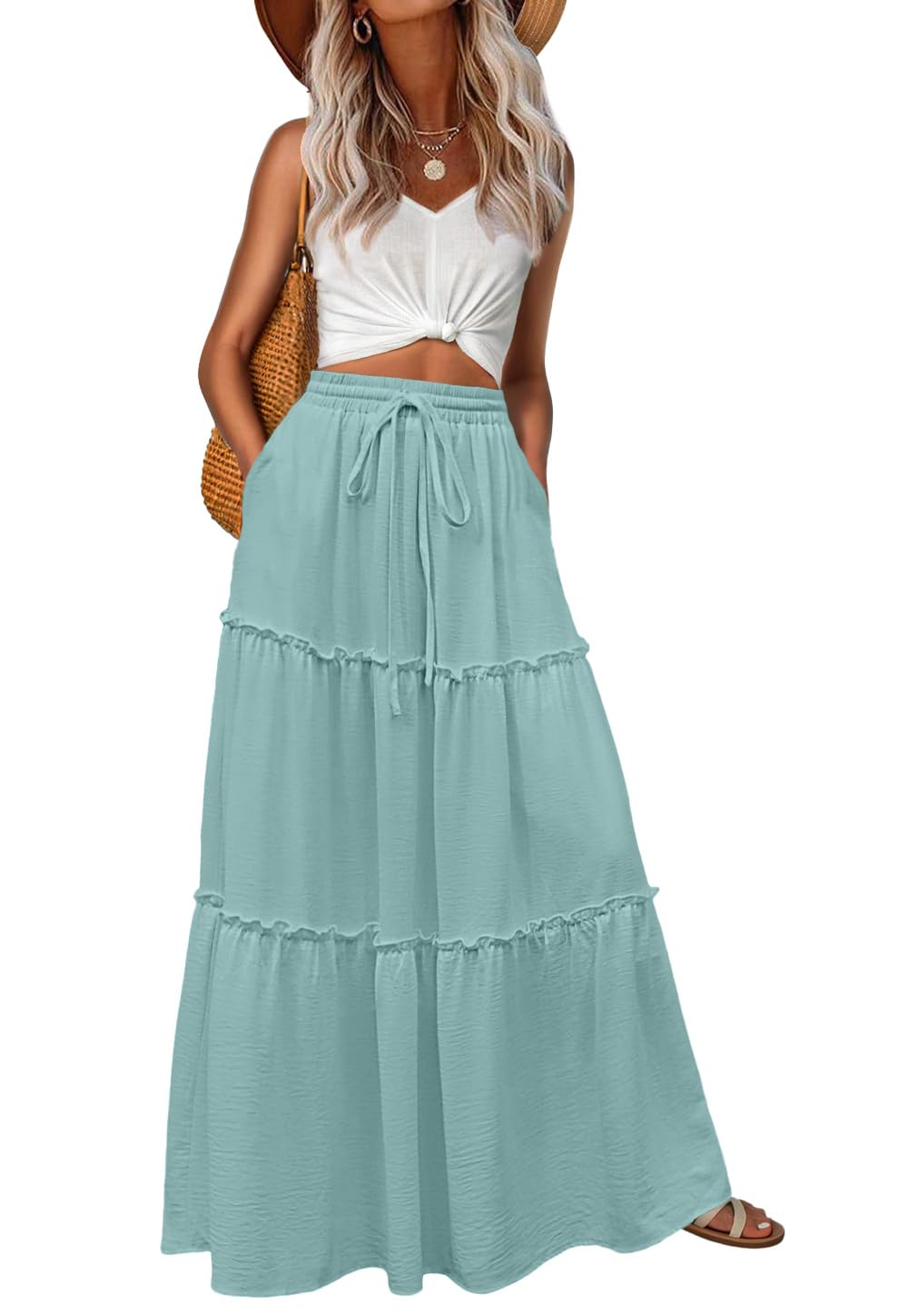 Lepunuo Womens Casual Boho High Waisted Flowy Maxi Skirts Tiered Floral Long Skirts with Pockets for Summer Beach Vacation