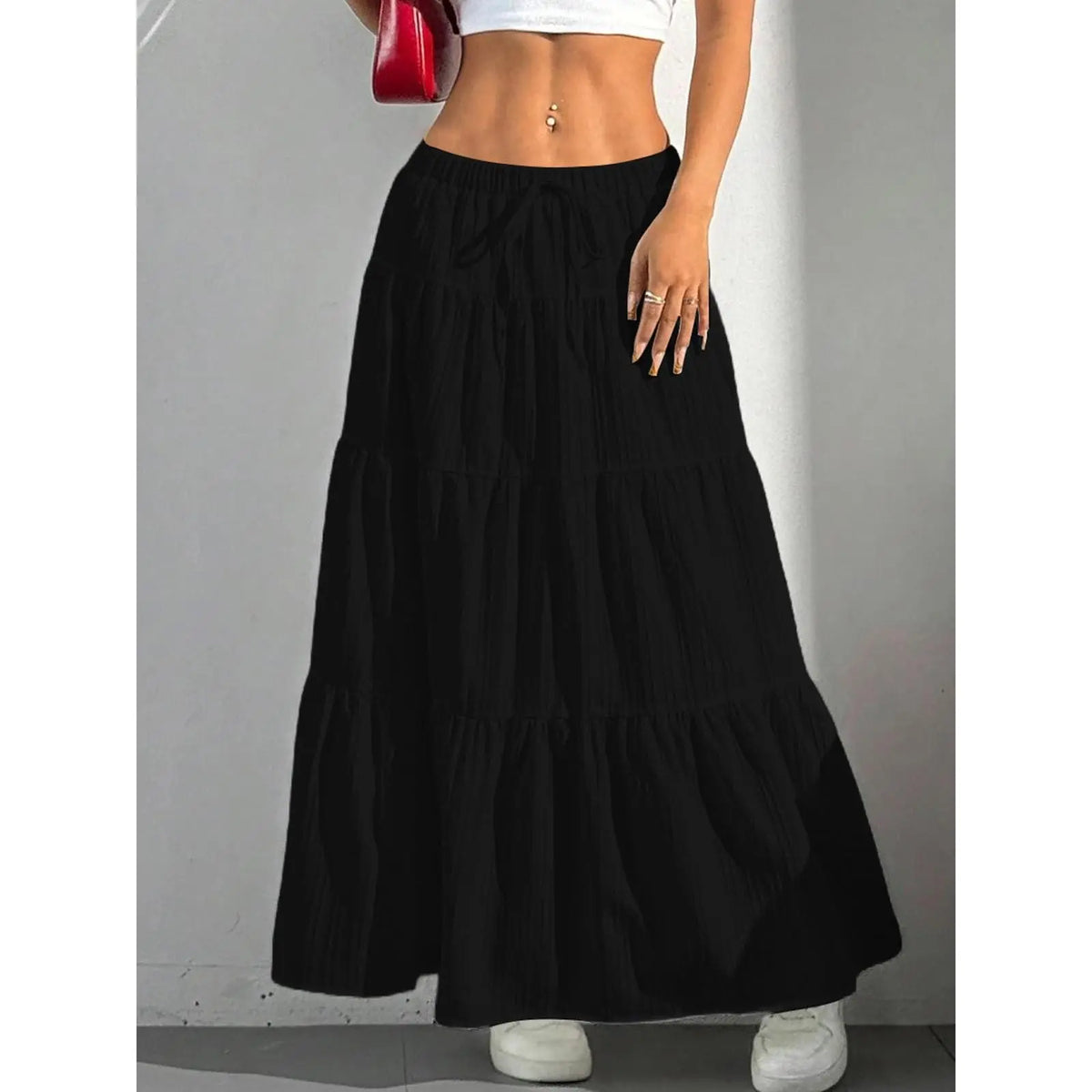 Women's Boho Comfy Solid Maxi Skirt - Elastic High Waist, Flowy Tiered A-Line, Ruffle Pleated Bottoms - Summer Beach Skirts for Women, Spring Soft Style,sohochic