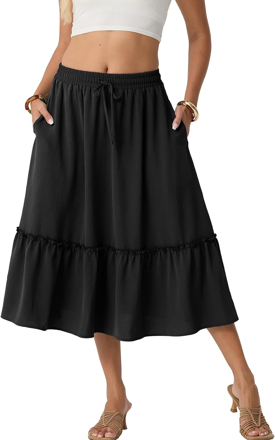 FREEOAK Skirts for Women High Waisted Tiered A Line Midi Skirt Knee Length Summer Skirts Drawstring with Pockets