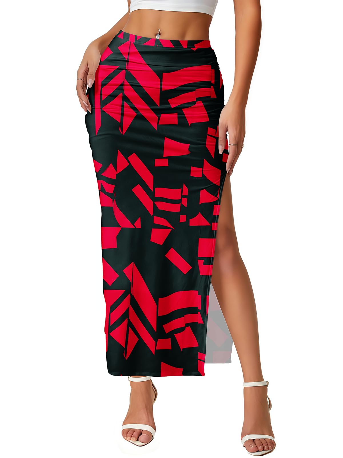 Women's Maxi Skirt Ruched Side Slit Thigh Elegant Bodycon Pencil Skirts