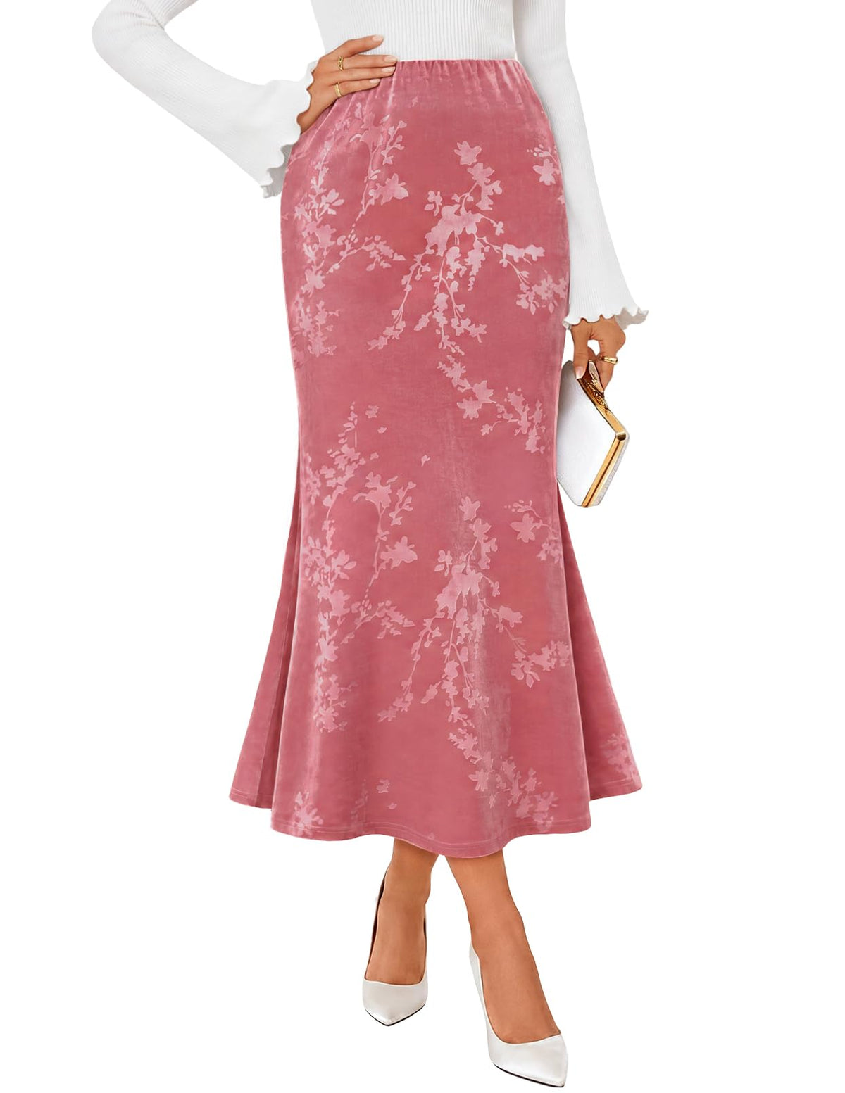 MEROKEETY Women's Fall Floral Velvet Maxi Skirt