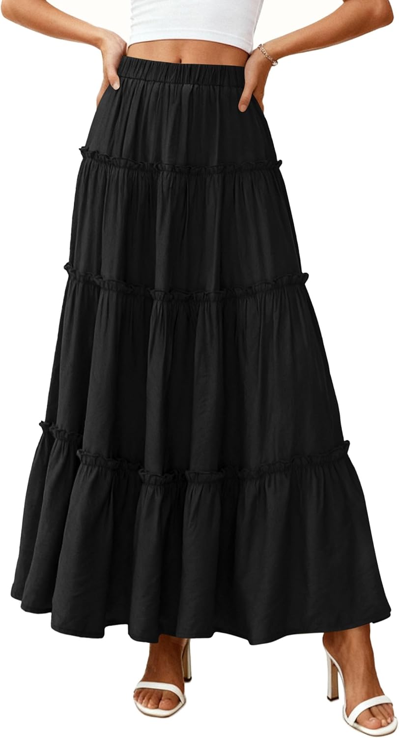 PRETTYGARDEN Women's Boho Tiered Ruffle Flowy Maxi Skirt