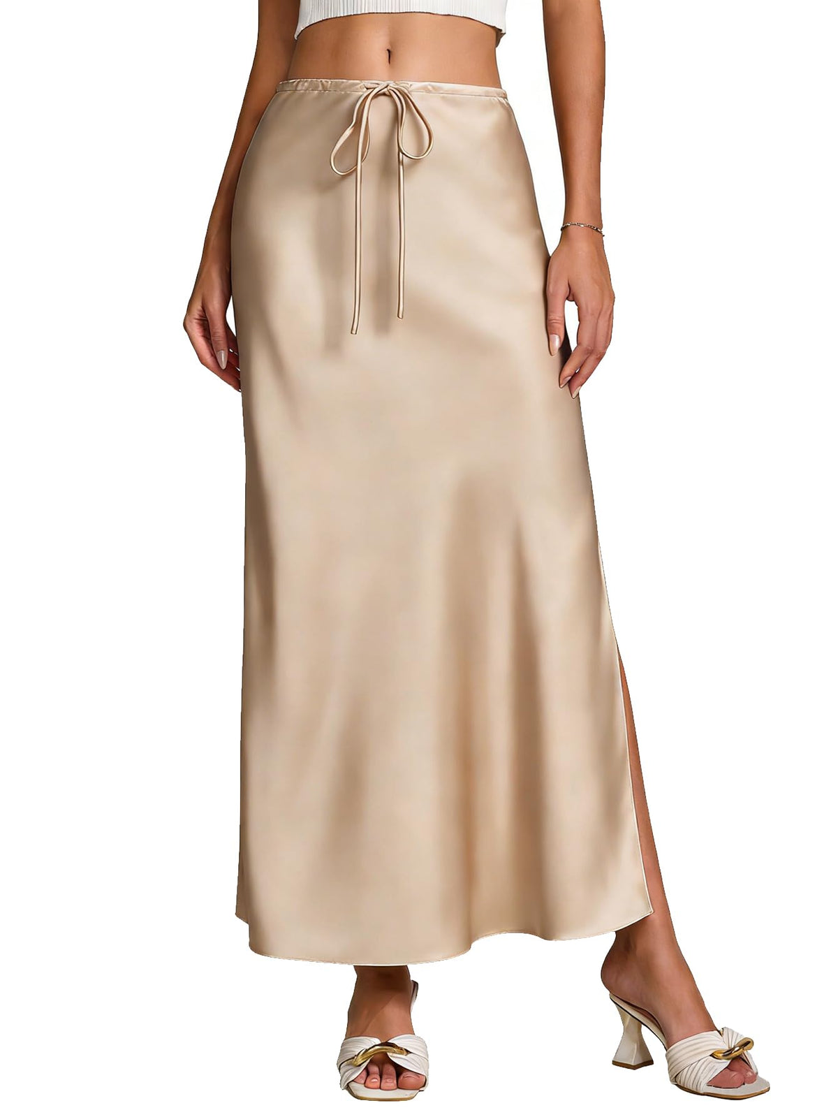 Women's Satin Silk Maxi Skirts Slit Drawstring Flared Casual A-Line Long Skirt for Women Ankle-Length Skirt