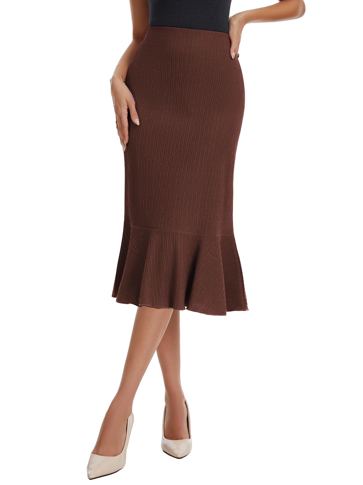 Women's High Waist Ribbed Midi Skirt with Shimmer Threads Flared Ruffle Hem Bodycon Pencil Skirt