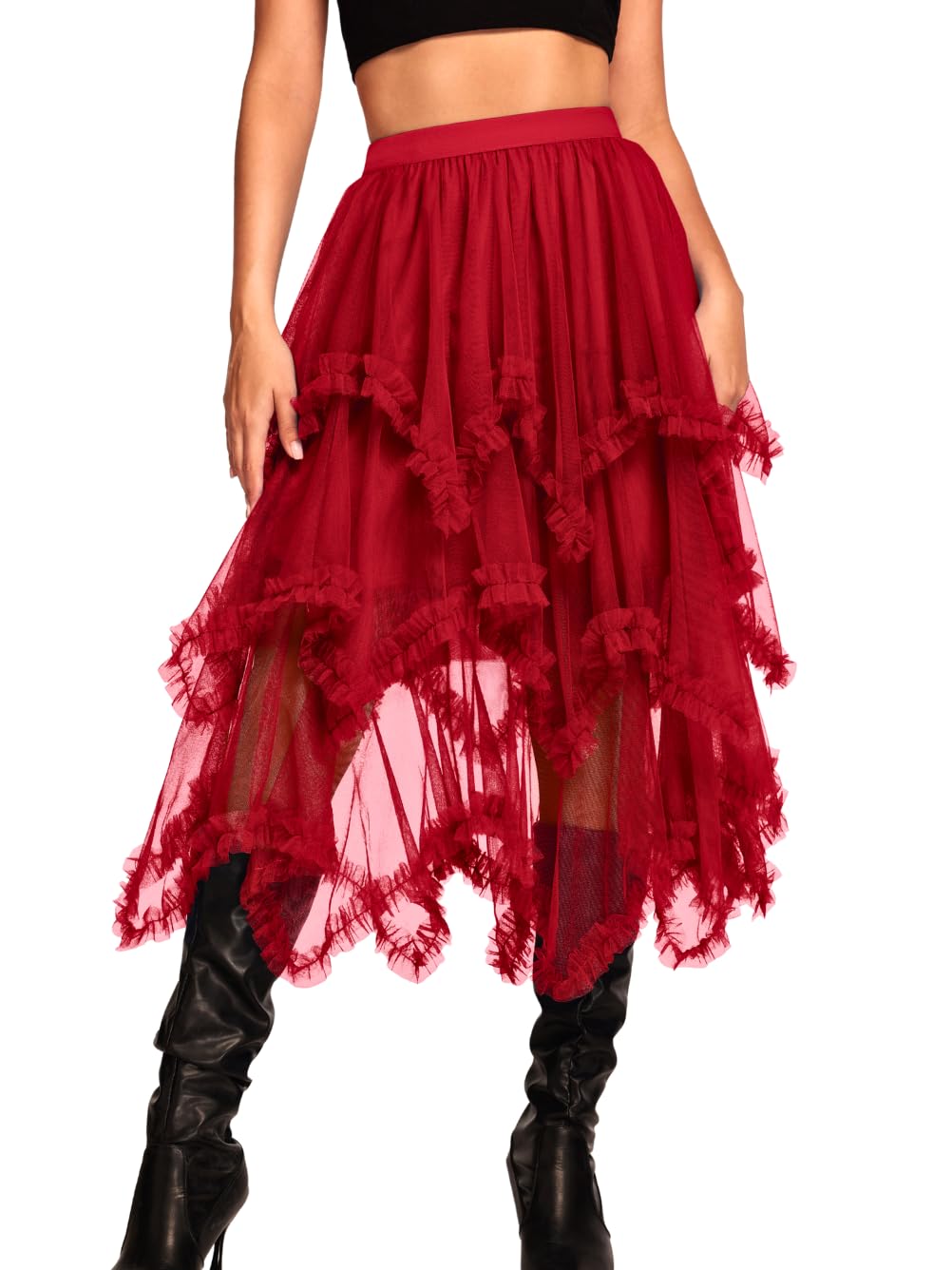 Kaei&Shi Long Tulle Skirt,Asymmetrical Ruffle Hem,Renaissance Fairy Costume