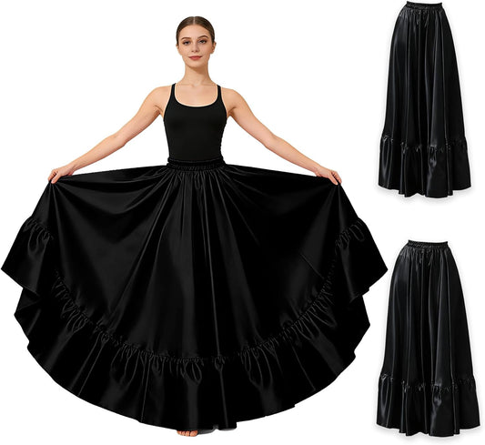 2PC Satin Ruffle Ankle Long Skirt for Women Full Circle Belly Dance Skirt Women Maxi Skirt for Praise and Folklorico Dance