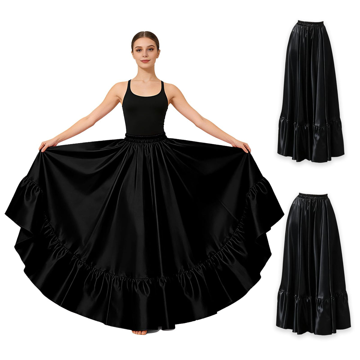 2PC Satin Ruffle Ankle Long Skirt for Women Full Circle Belly Dance Skirt Women Maxi Skirt for Praise and Folklorico Dance