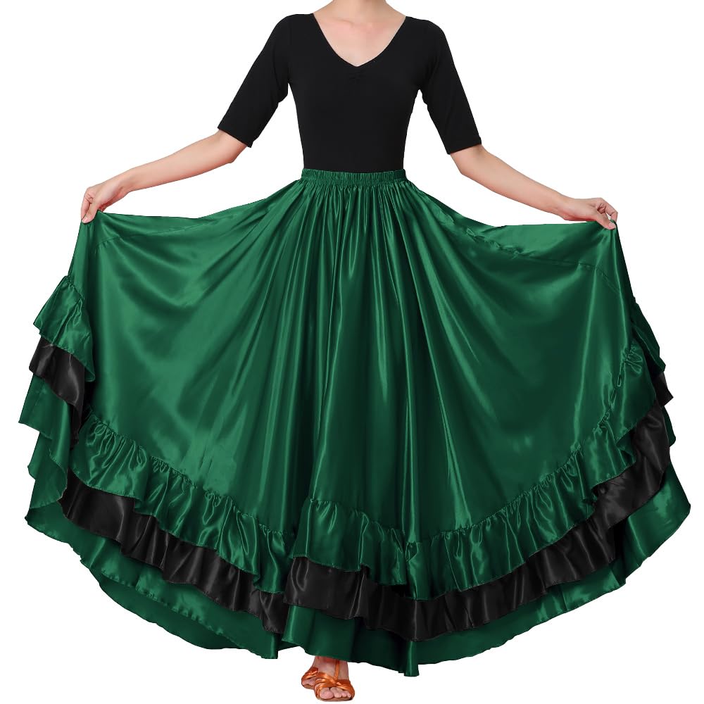 Women Black Red Layers Satin Long Skirt for Spanish Flamenco Belly Dance Mexico Ballet Folklorico Performance