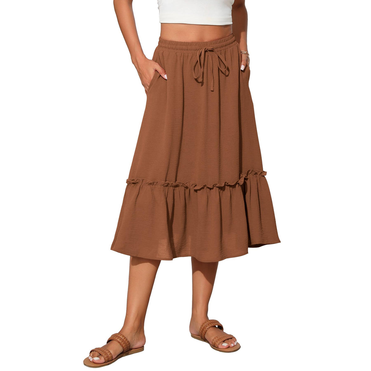 Witsmile Womens High Waist Tiered Midi Skirt Flowy Long Length with Pockets