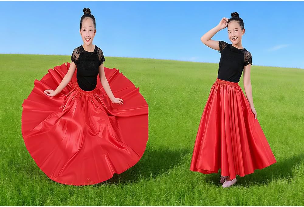 Girls Satin Full Dancing Circle Long Flowy Dance Skirt