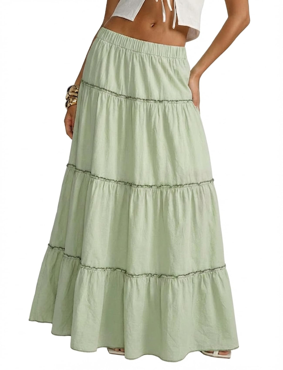 Cotton Maxi Skirt for Women Flowy Tiered Boho with Elastic Waist
