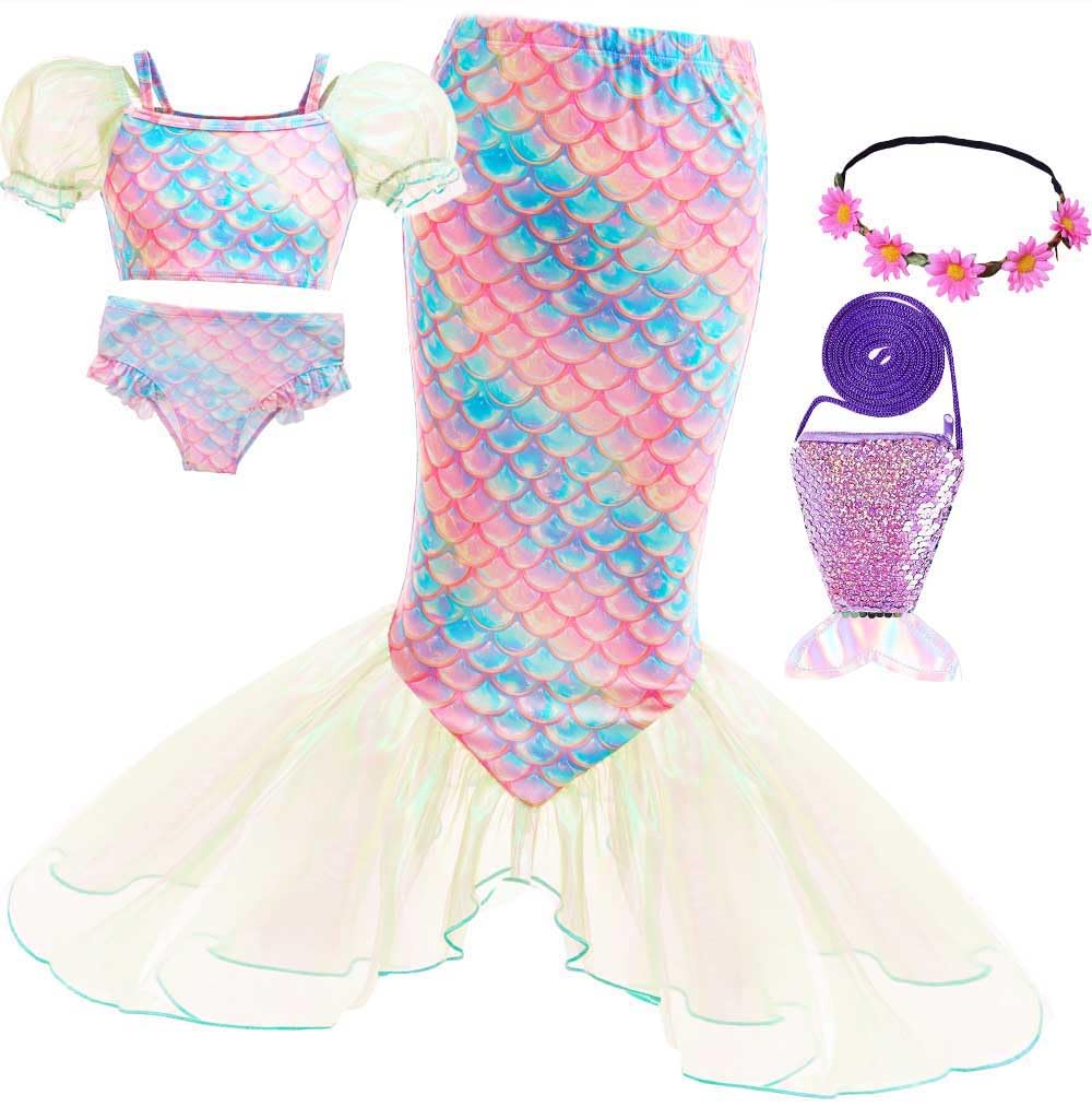 5Pcs Girls Fishscale Swimwear Sets Kids Tankini Swimsuits with Cover up Play Costume