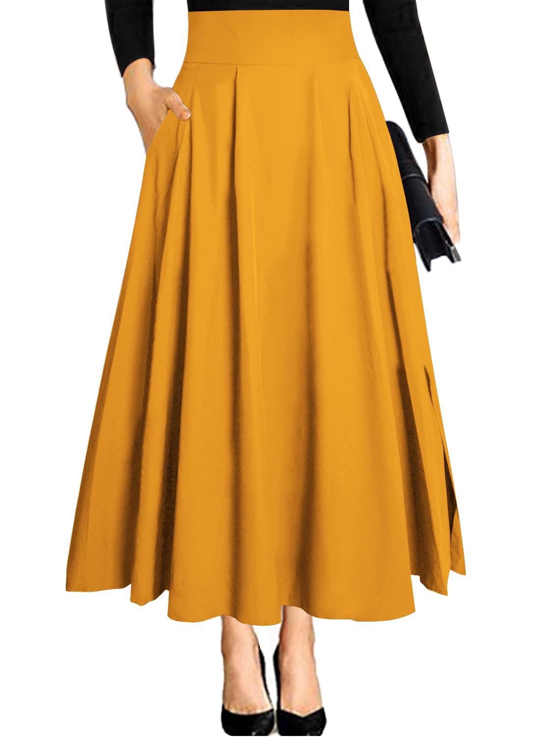 RANPHEE Women's Ankle Length High Waist A-line Flowy Long Maxi Skirt with Pockets