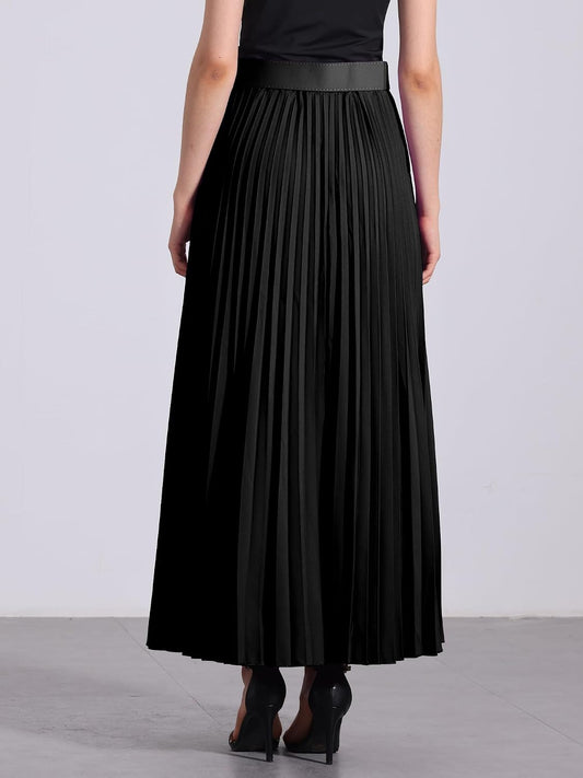 Allegra K Women High Waist Elastic Flowy A-Line Maxi Pleated Skirt