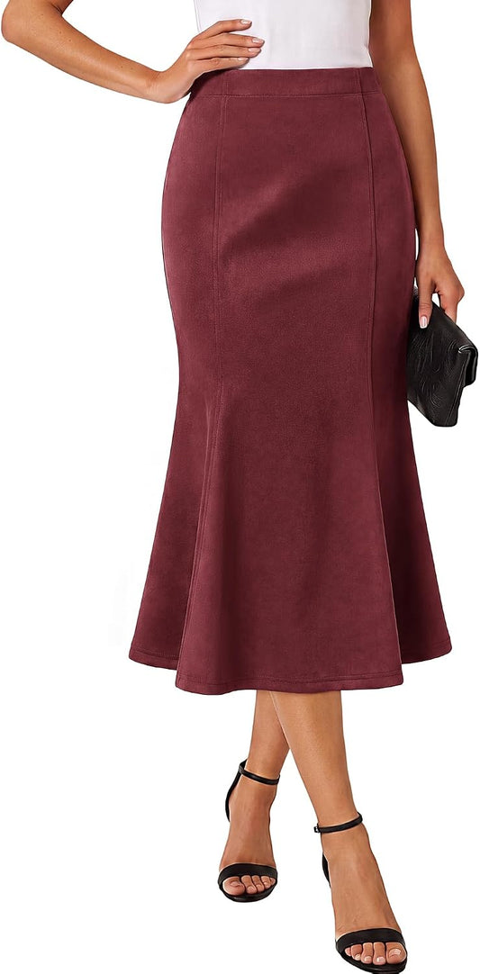 Belle Poque Women's Faux Suede Skirts High Elastic Waist Mermaid Skirt Fall Winter Midi Skirt Trendy 2026