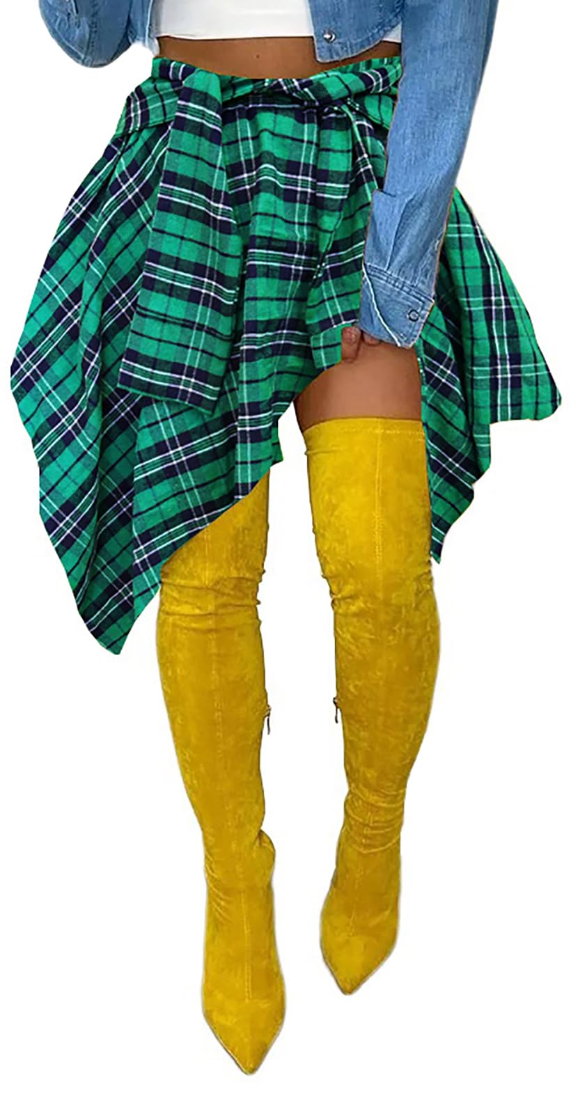 YBSKG Womens Plaid Skirts Elastic High Waist Tie Front Pleated Mini Skirt