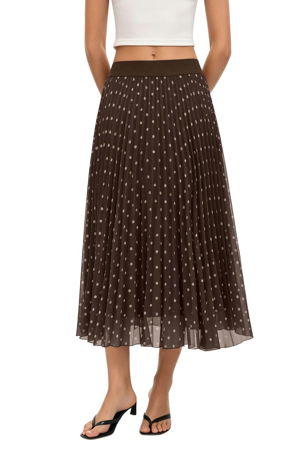 QINSEN Women's Elegant Flowy Pleated Chiffon Skirts Summer A-line Swing Midi Skirts Casual Elastic Waist Soft Lining