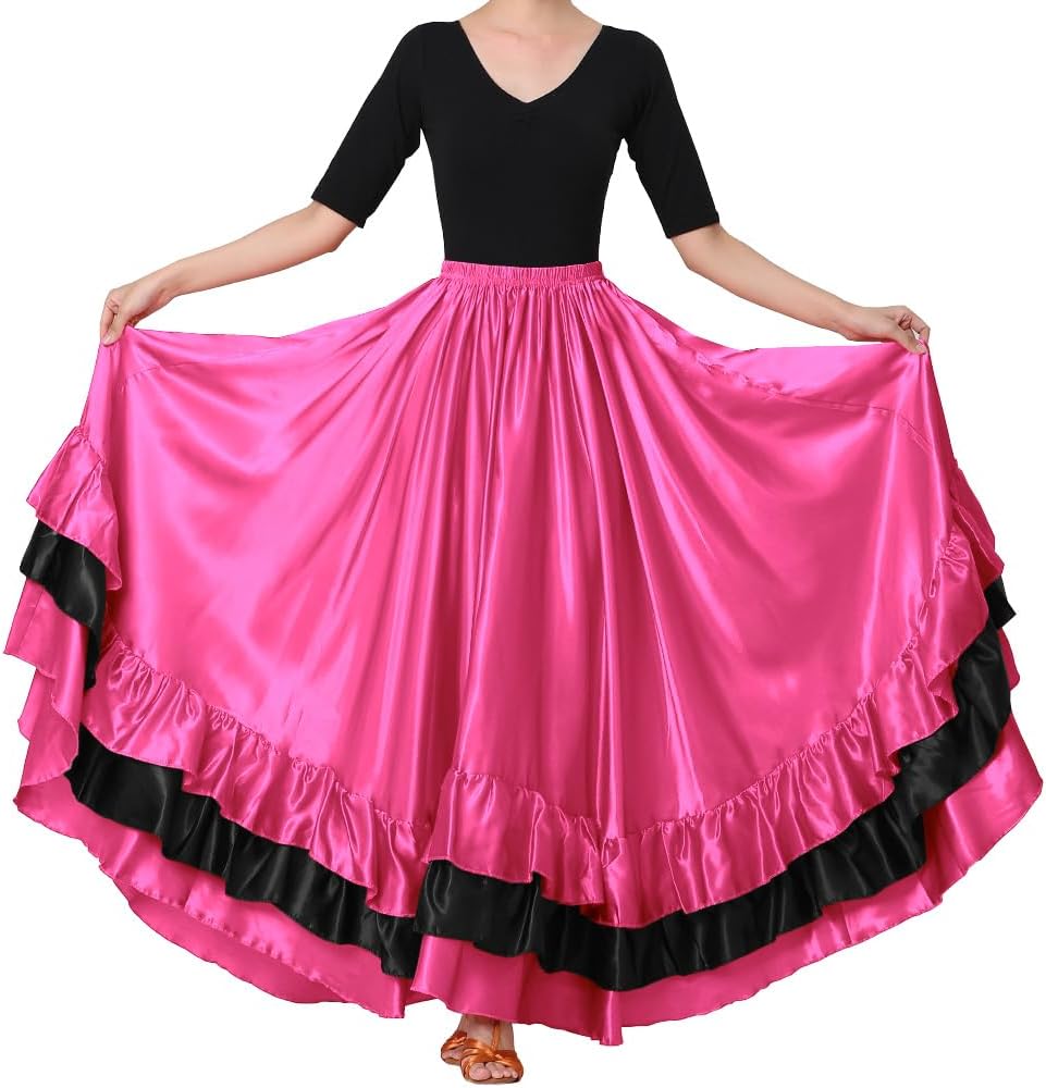 Women Black Red Layers Satin Long Skirt for Spanish Flamenco Belly Dance Mexico Ballet Folklorico Performance