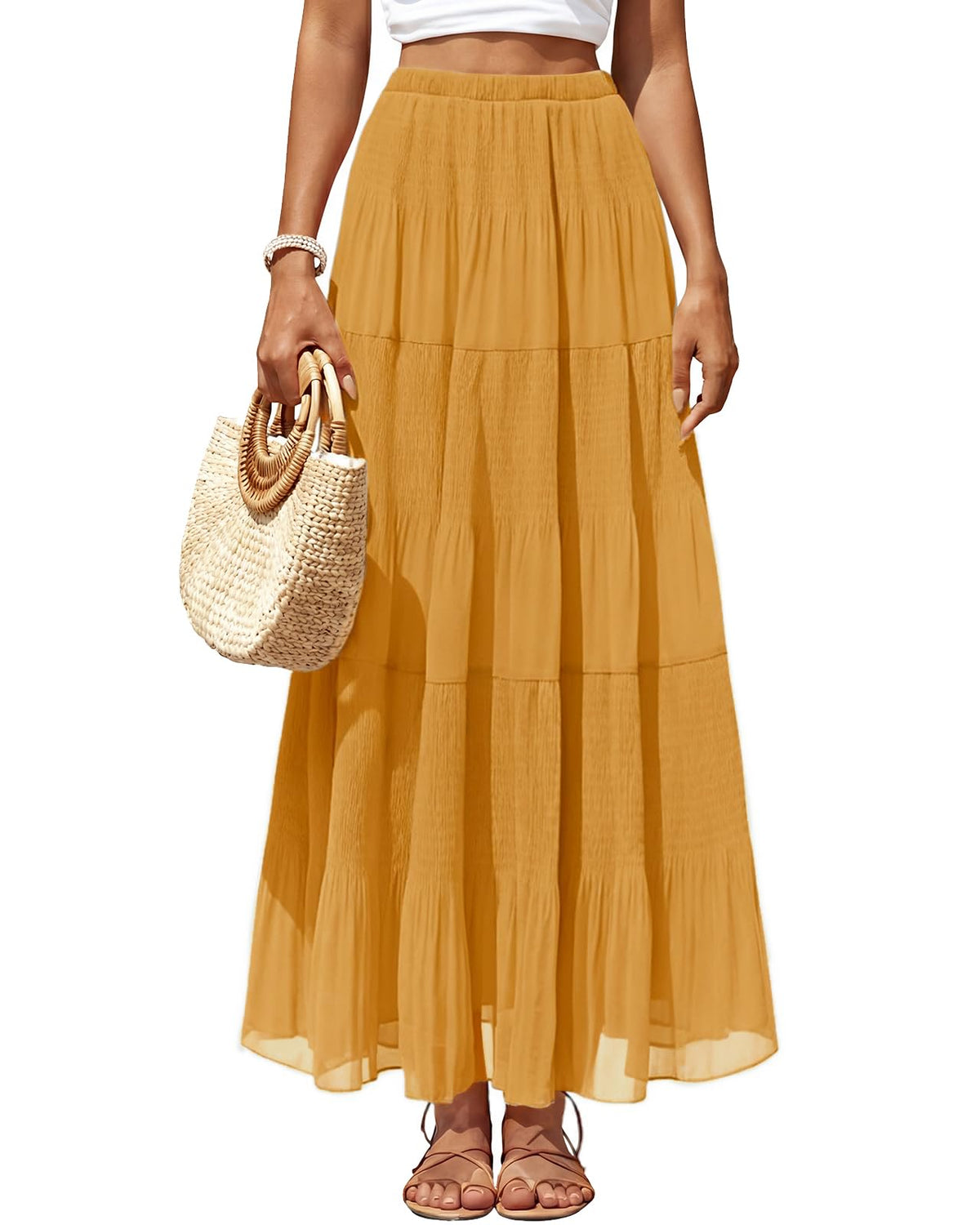 Women's Chiffon Pleated Maxi Skirt High Waist White Long Skirts