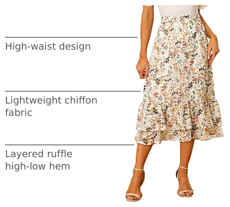 Allegra K Women's Printed Skirt Chiffon Ruffle Tiered Flowy Midi Skirts