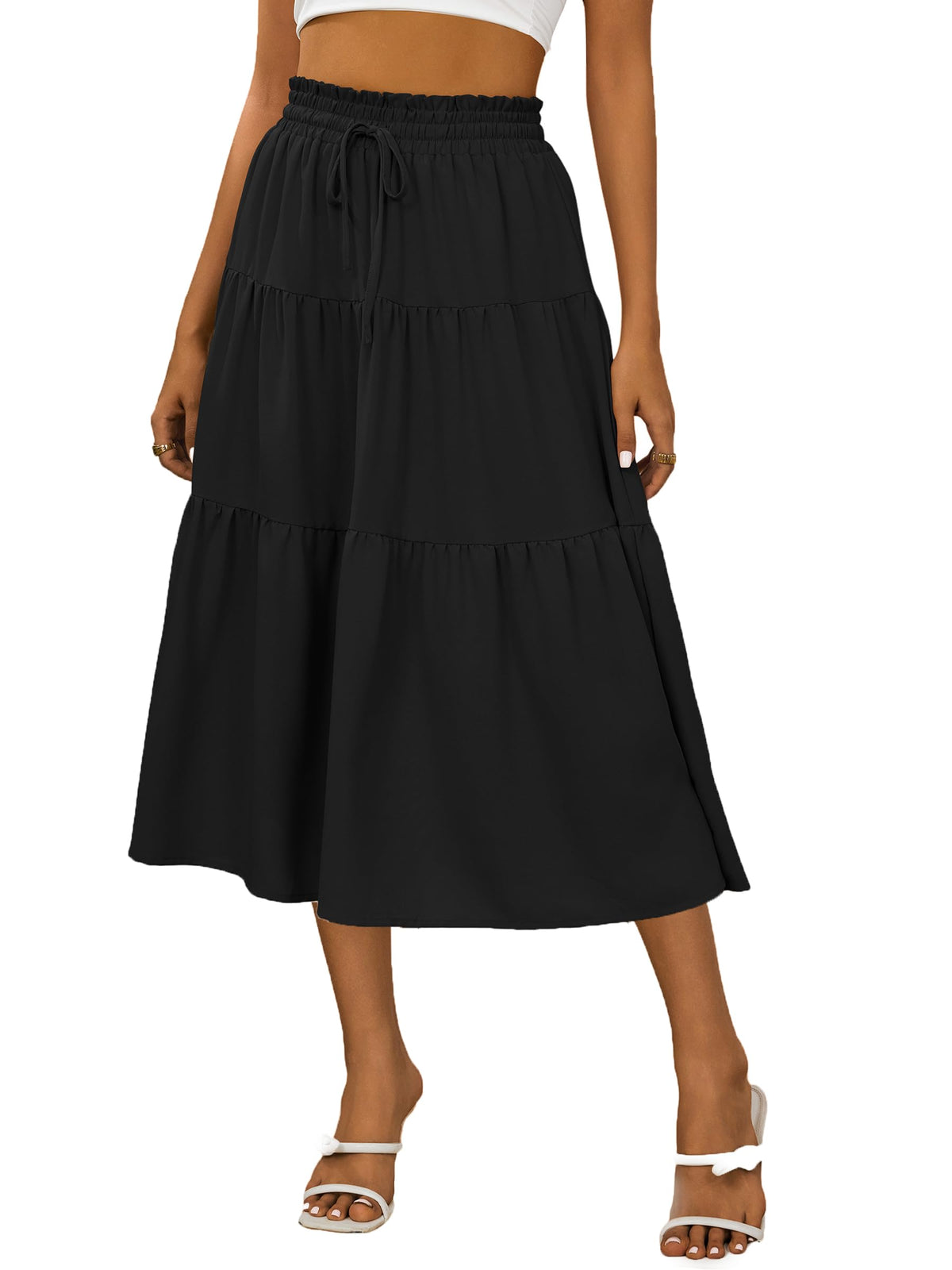 Anbech Womens Boho Midi Skirts A-Line Casual Flowy Elastic High Waist