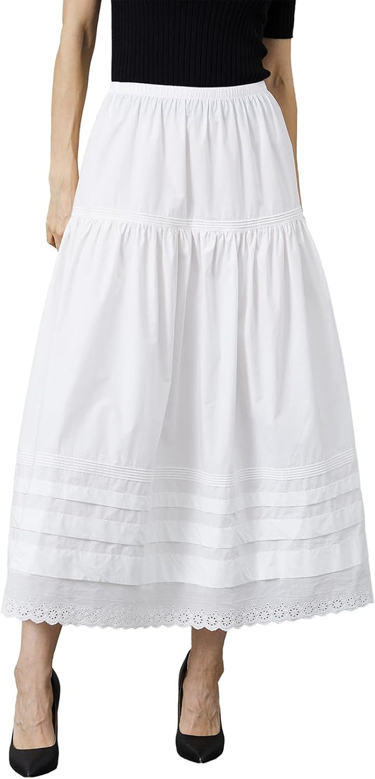 100% Cotton Women White Maxi Skirt Elastic Waist Peasant A Line Flowy Swing Lace Skirt Dress No Lining