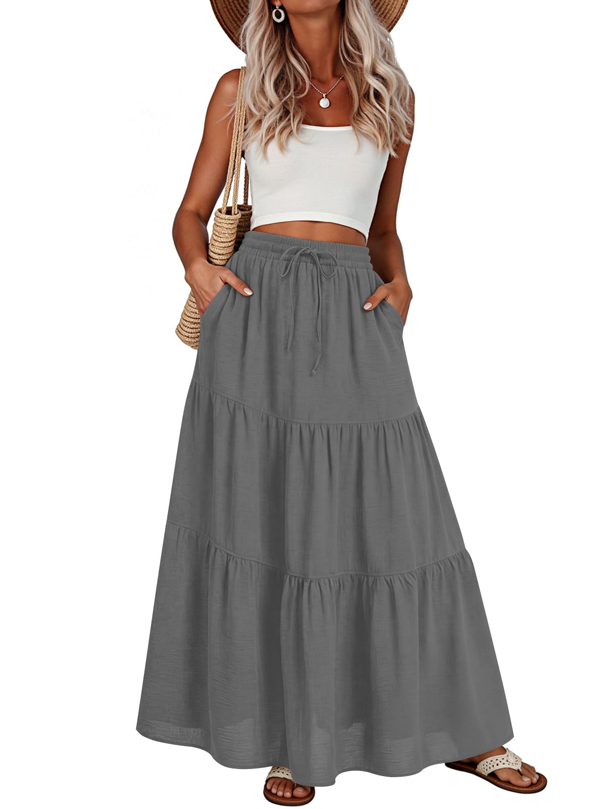 Addtoo Womens Maxi Skirt Pleated Tiered A-Line Elastic Waist Midi Skirt