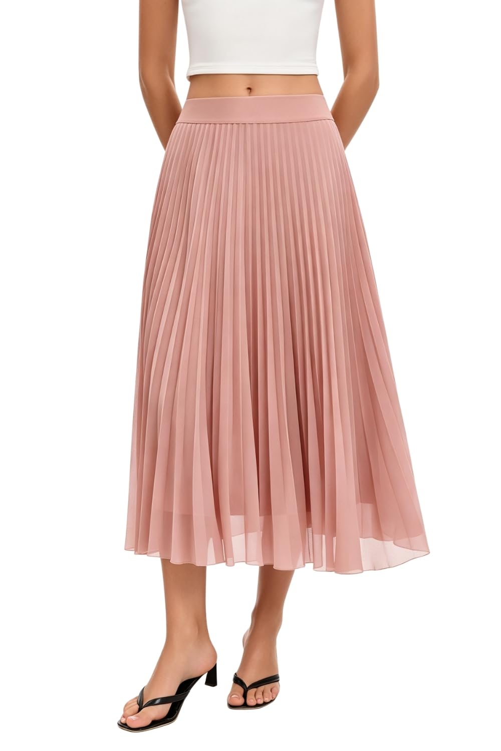 QINSEN Women's Elegant Flowy Pleated Chiffon Skirts Summer A-line Swing Midi Skirts Casual Elastic Waist Soft Lining
