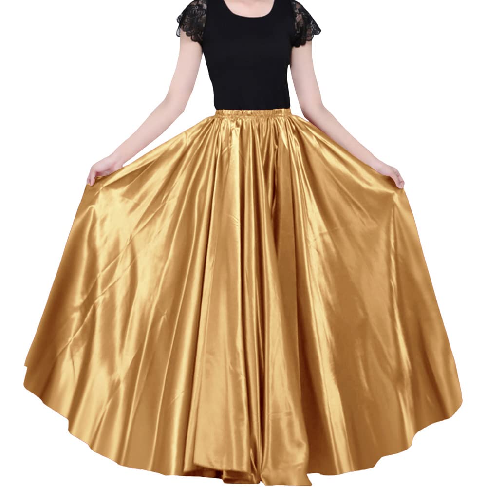 Ladies 90cm Satin Maxi Midi Skirt Long Dress Elastic Waist for Belly Dance Princess Party Cosplay Costume