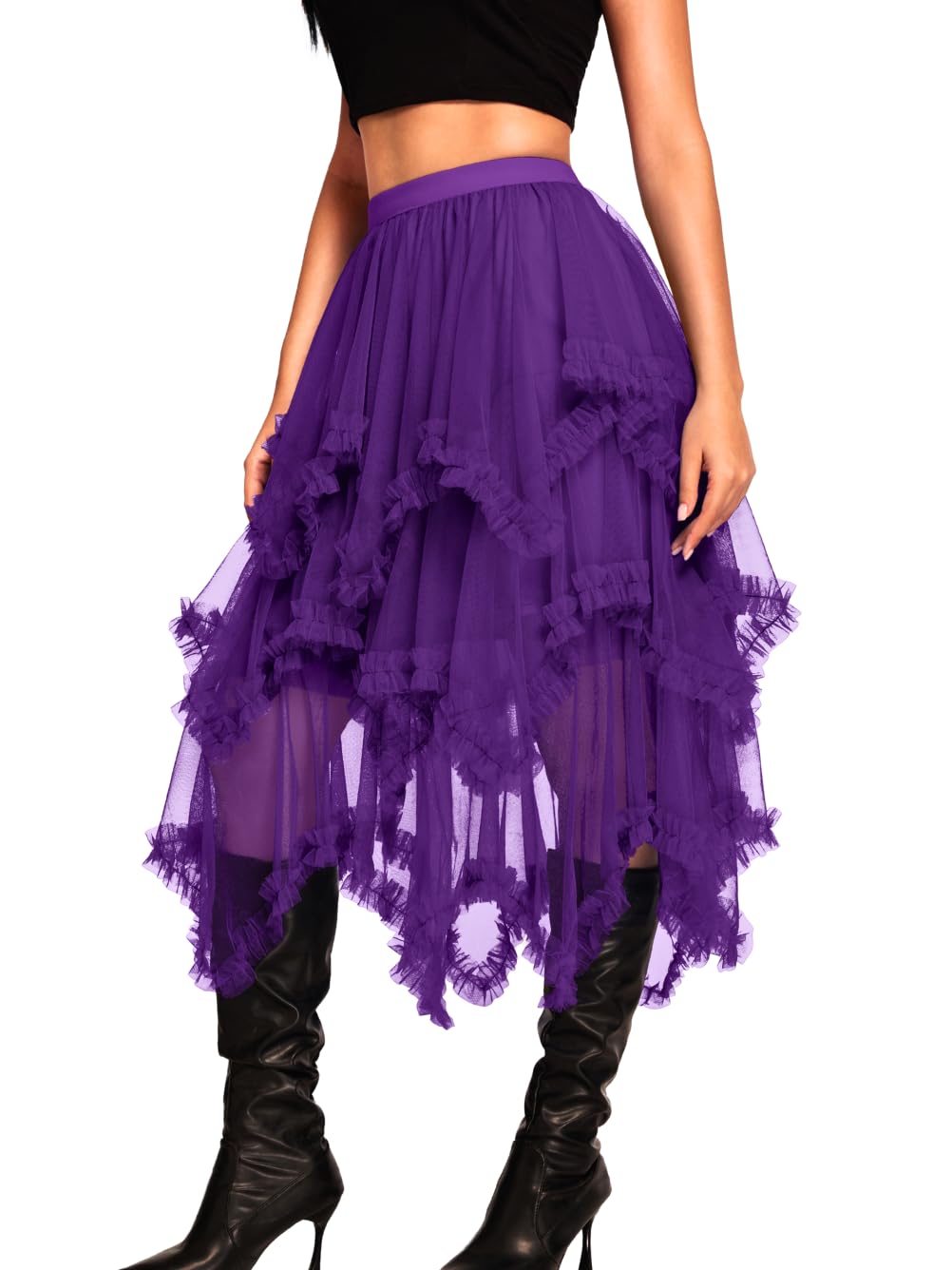 Kaei&Shi Long Tulle Skirt,Asymmetrical Ruffle Hem,Renaissance Fairy Costume