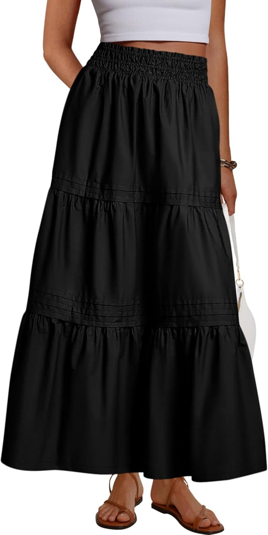 MASCOMODA Casual Long Skirts for Women Boho Swing A Line High Waisted Tiered Flowy Maxi Skirt with Pockets Beach Summer 2026