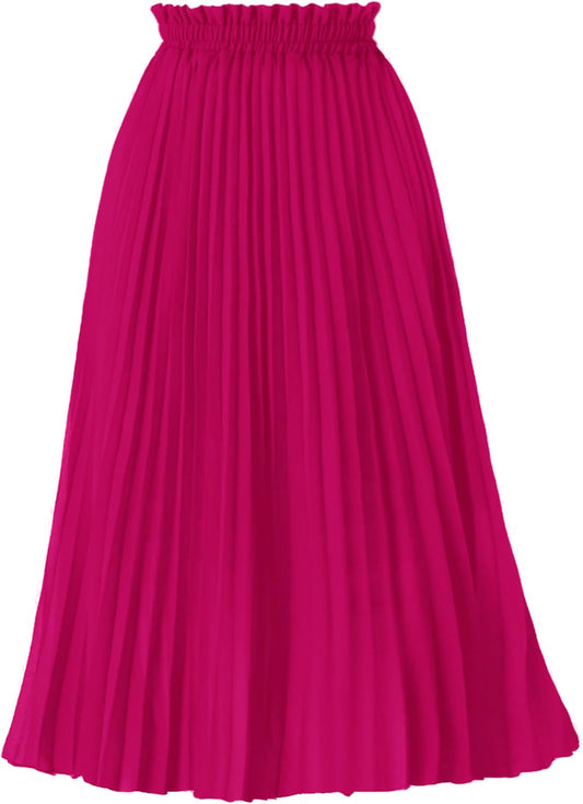 GOOBGS Women's Pleated A-Line High Waist Flowy Midi Skirt