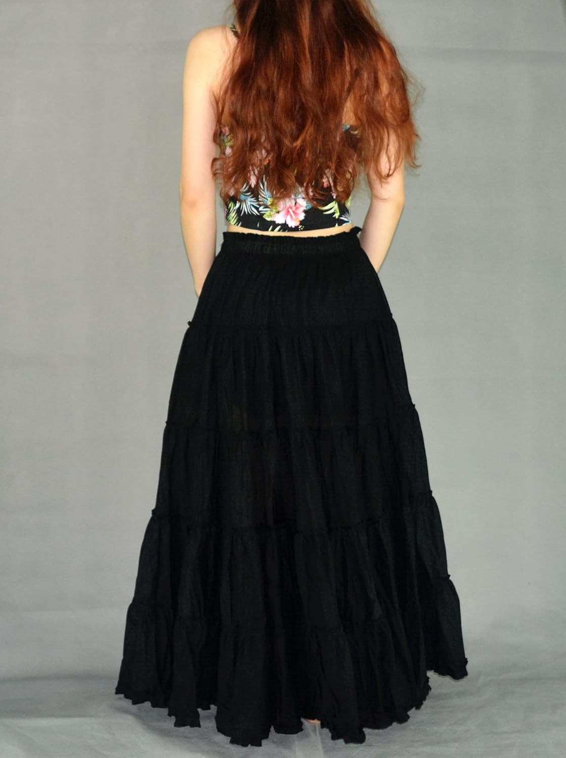 Women's Maxi Skirt Boho Pleated Cotton 5 Tiered Long A-Line Dance Skirts