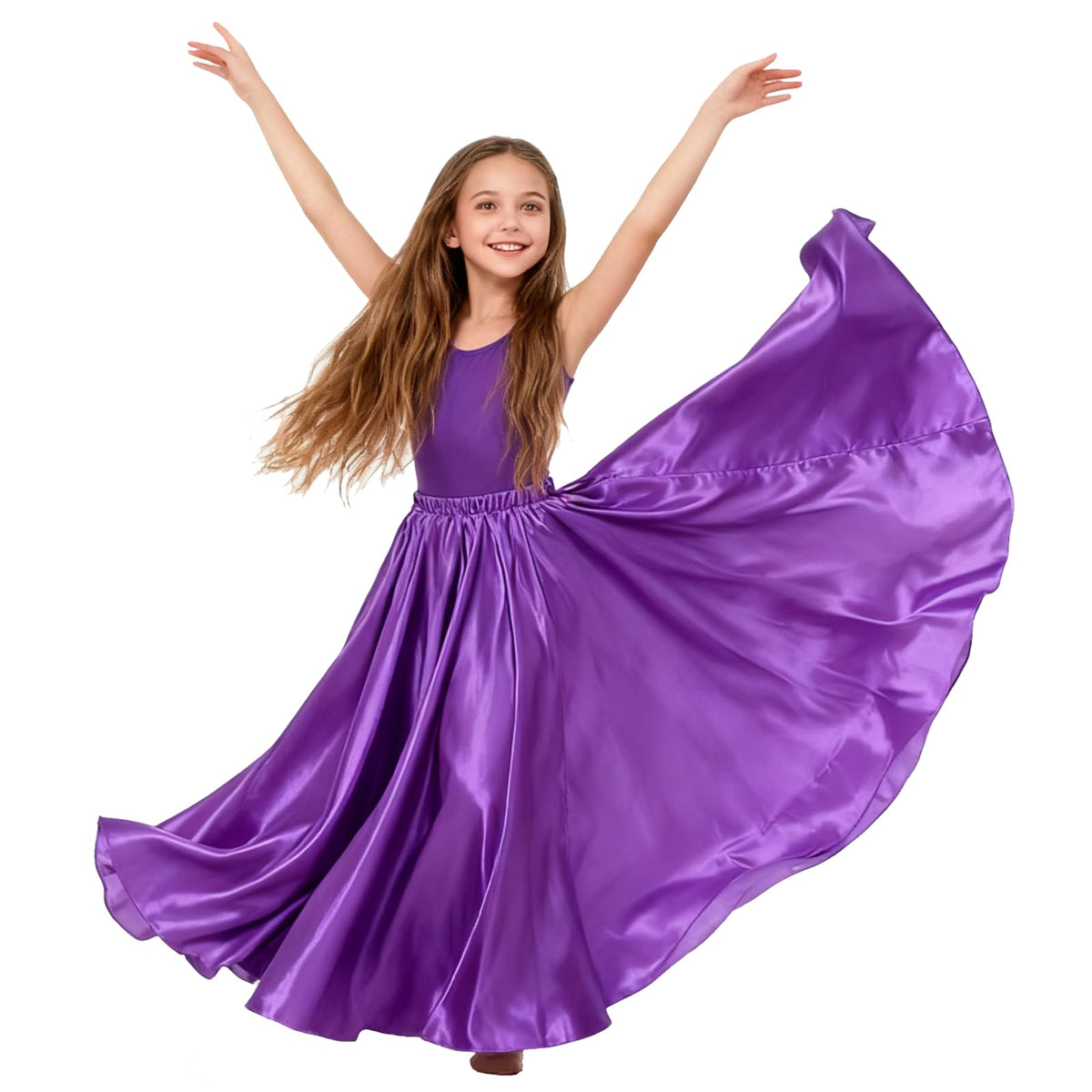 Girls Satin Ankle Length Swing Dance Full Circle Dance Skirt