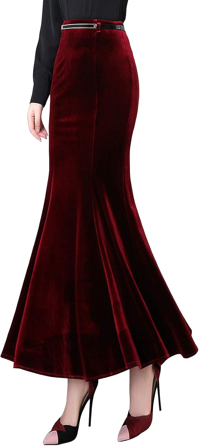 ebossy Women's High Waist Bodycon Velvet Fishtail Mermaid Maxi Skirt Evening Party