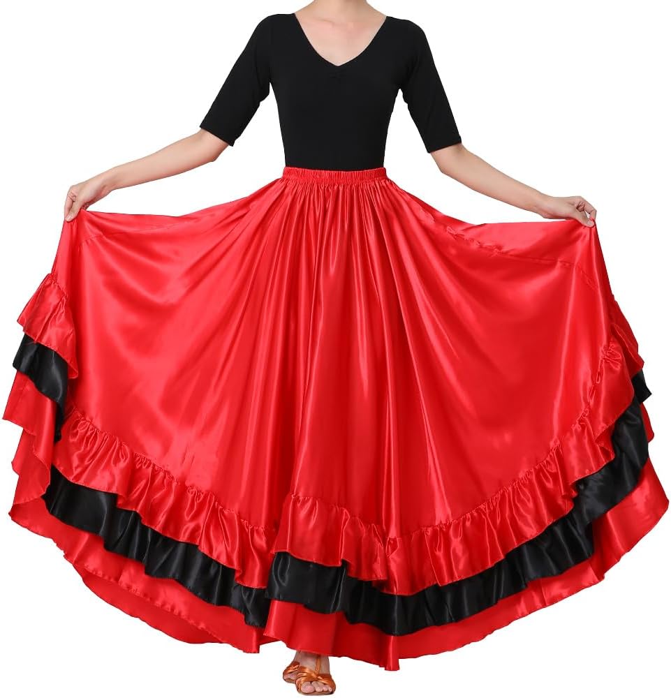 Women Black Red Layers Satin Long Skirt for Spanish Flamenco Belly Dance Mexico Ballet Folklorico Performance