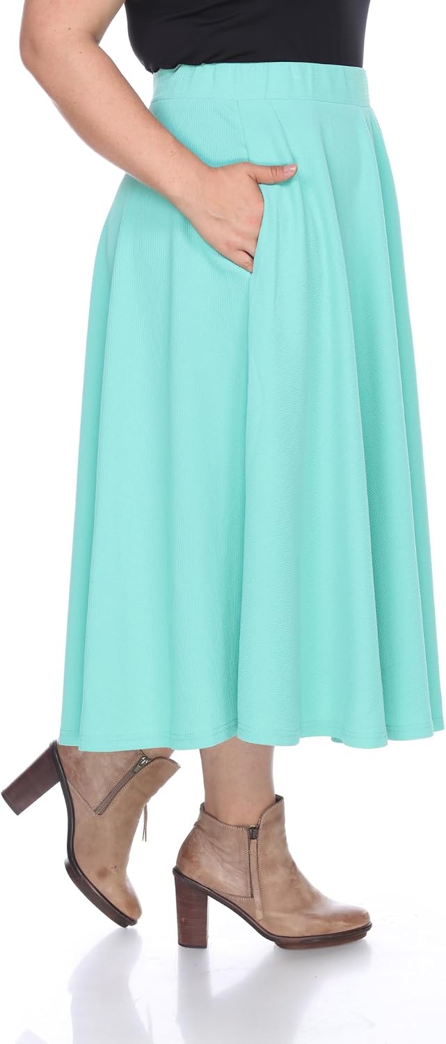White Women's Plus Size Flared Midi Skirt with Pockets