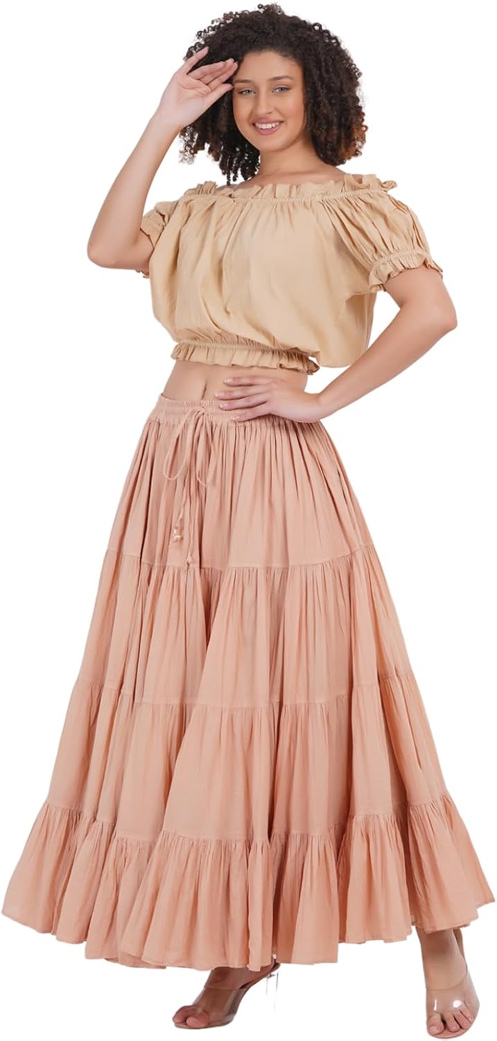 Wevez® Women's Plus Size Maxi Skirt Gypsy 25 Yard Long Flowy Solid Color Cotton Renaissance Skirt
